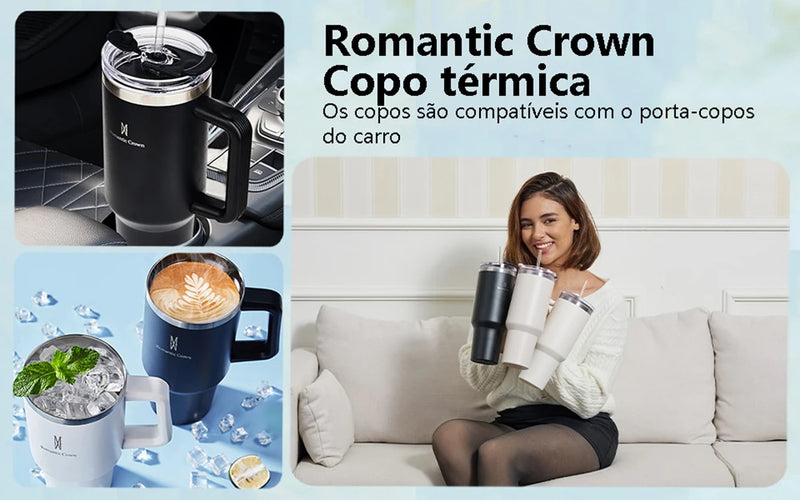 Copo isolado de aço inoxidável Crown-304 romântico, copo com canudo, copo térmico a vácuo, garrafa de água térmica, caneca